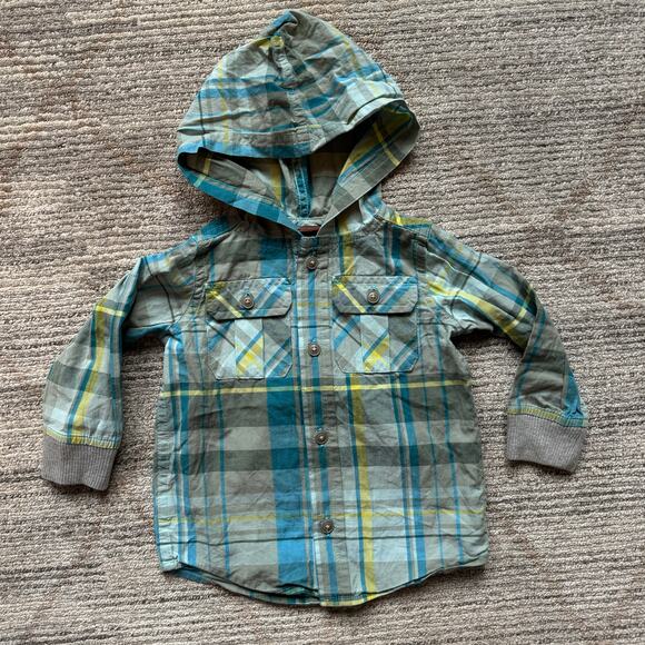 Tea Collection Hooded Plaid button front shirt 12-18 mos green blue yellow - Picture 1 of 10